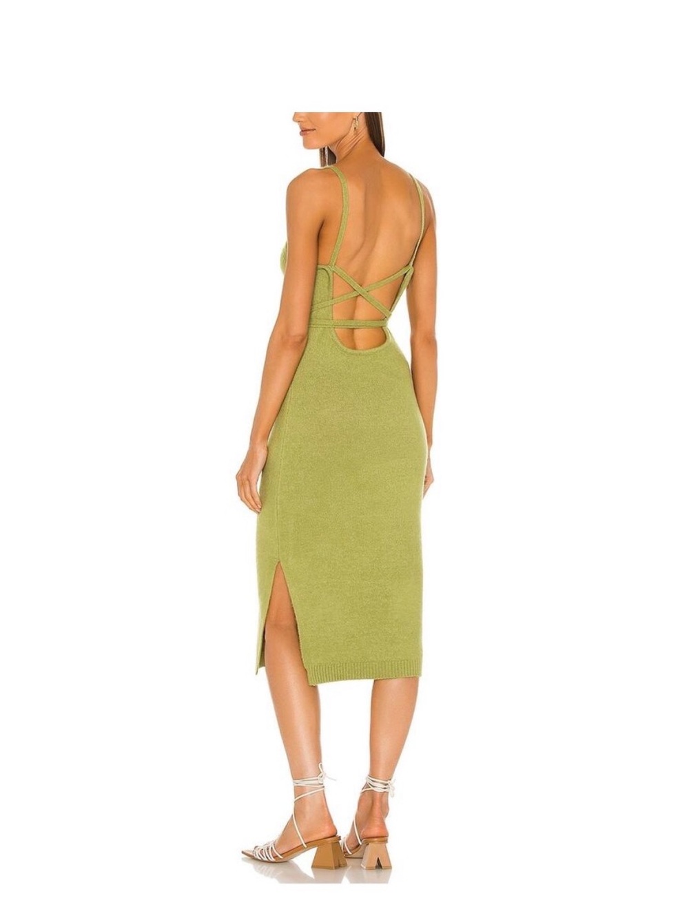 Line & Dot Olive Green Backless Knit Midi Dress with Crisscross Straps